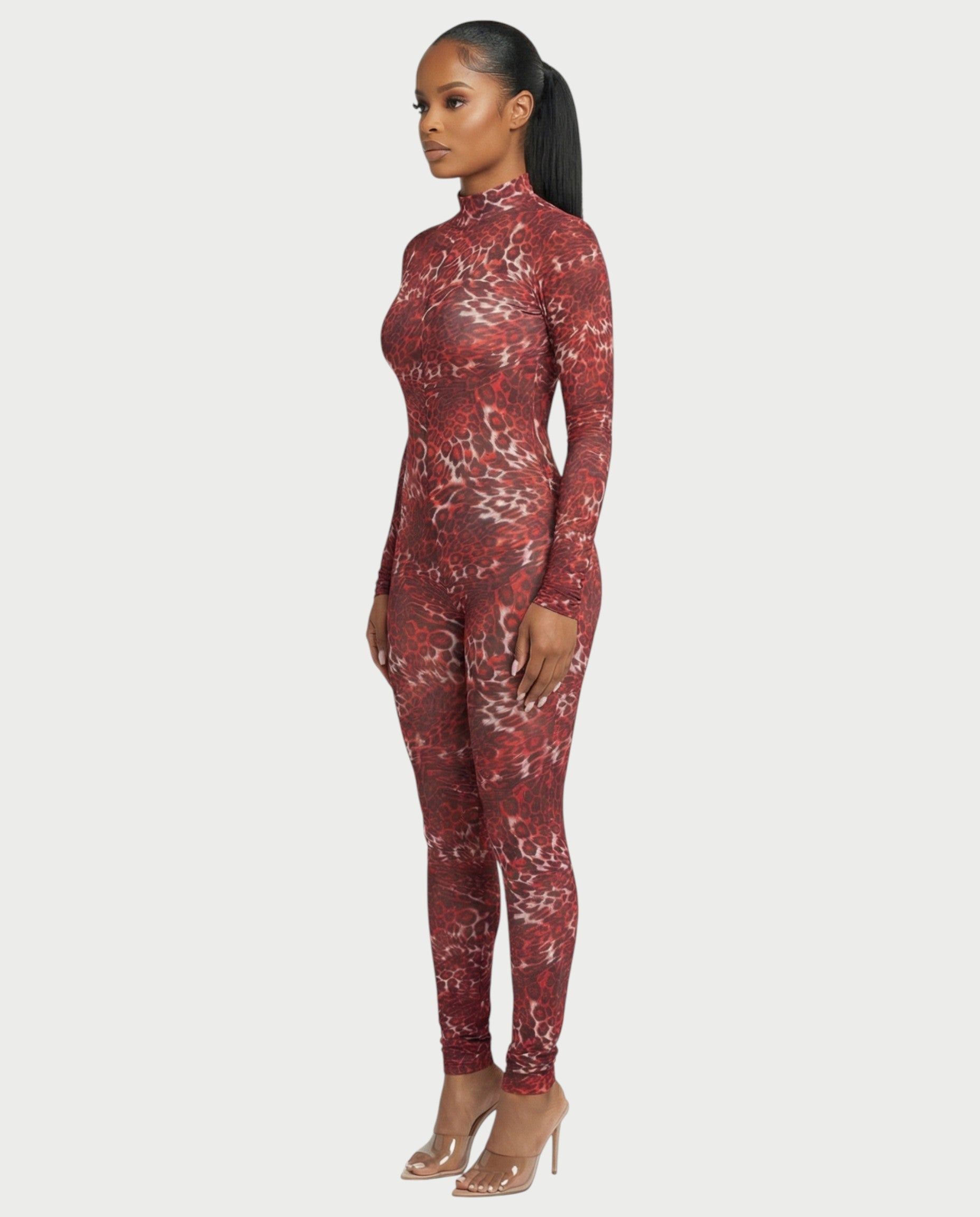 KHIONE Leopard Print Mock Neck Jumpsuit