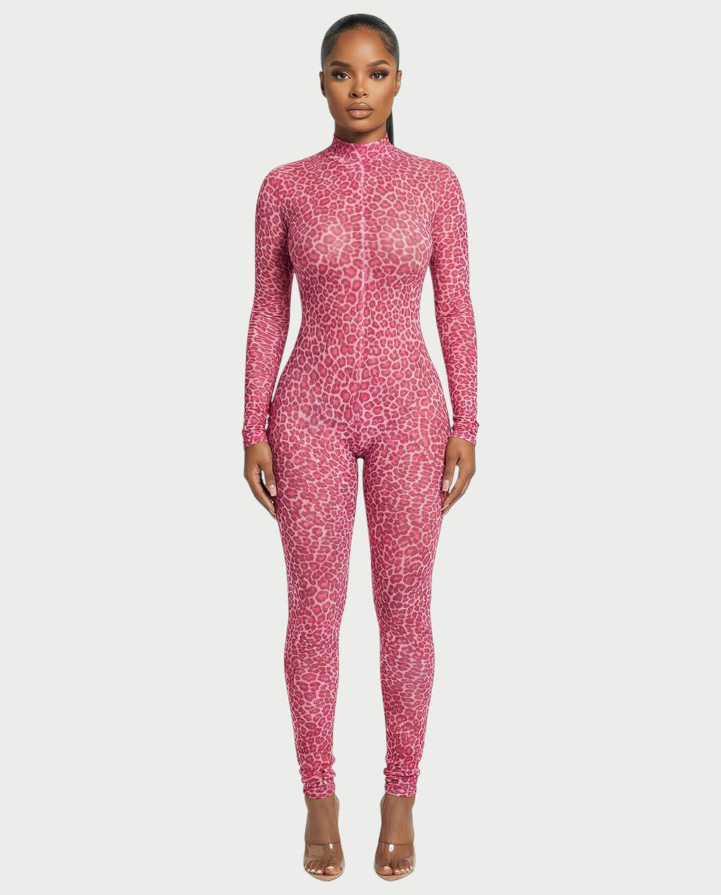 KHIONE Leopard Print Mock Neck Jumpsuit
