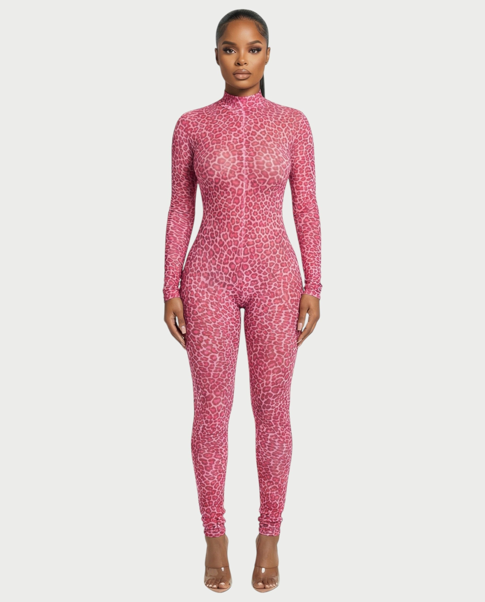 KHIONE Leopard Print Mock Neck Jumpsuit