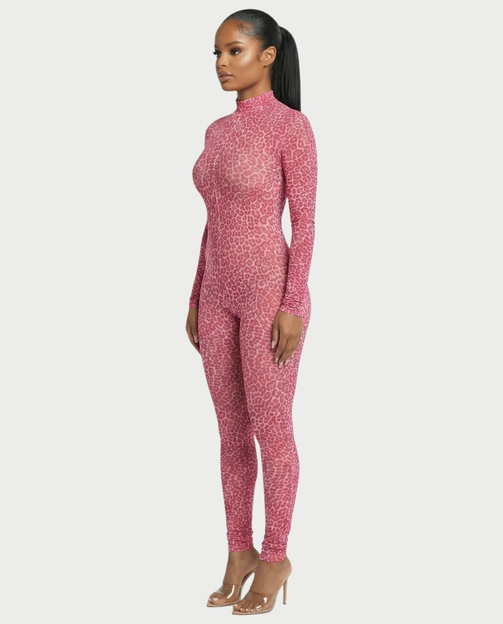 KHIONE Leopard Print Mock Neck Jumpsuit