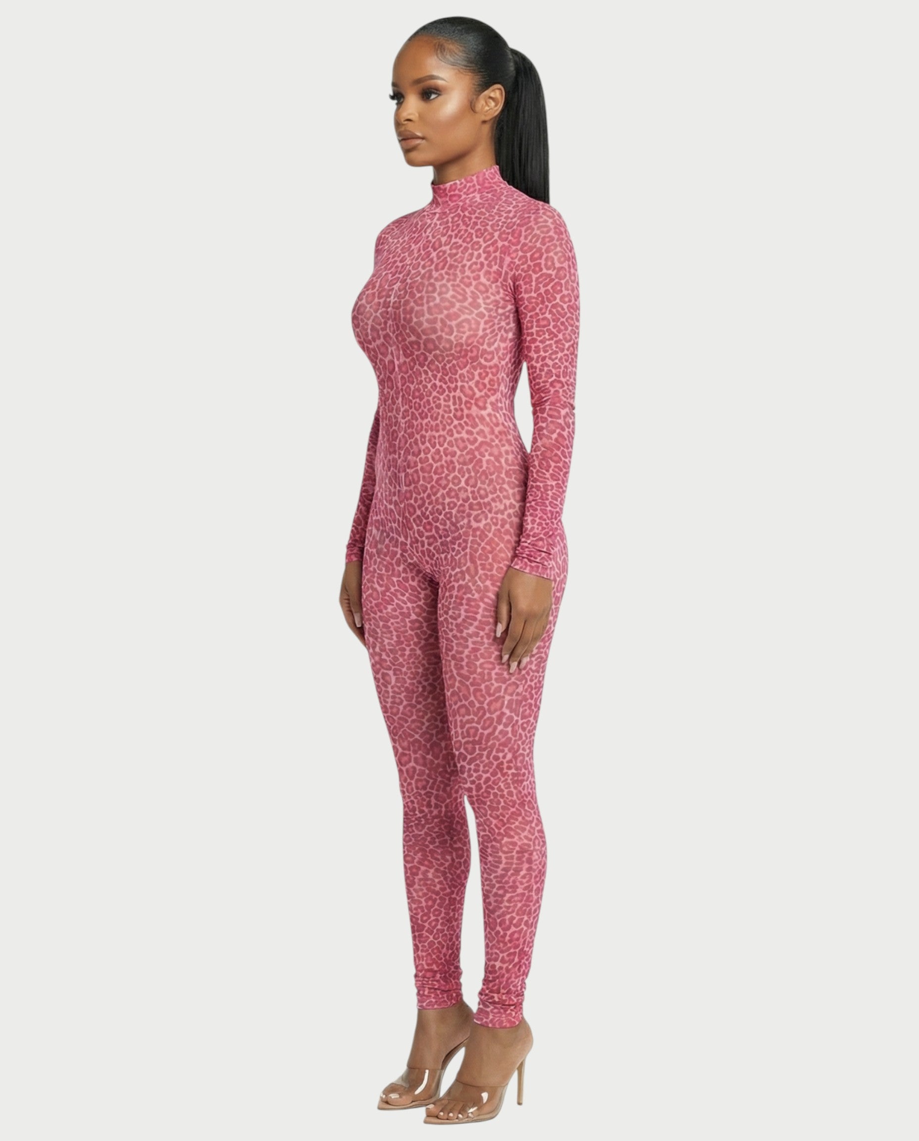 KHIONE Leopard Print Mock Neck Jumpsuit