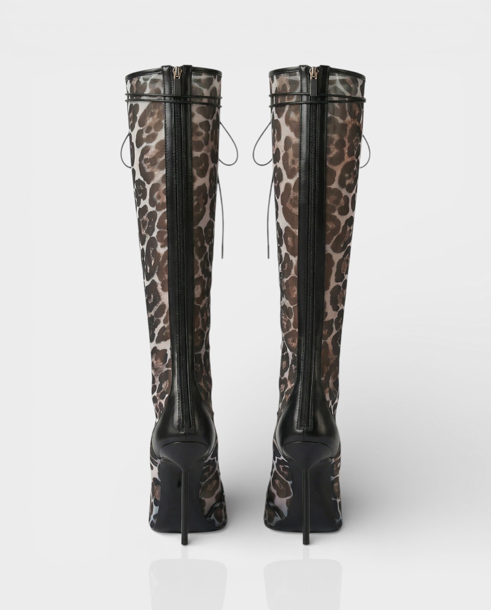 ESCAS Lace-Up Leopard Print Knee-High Stiletto Boots