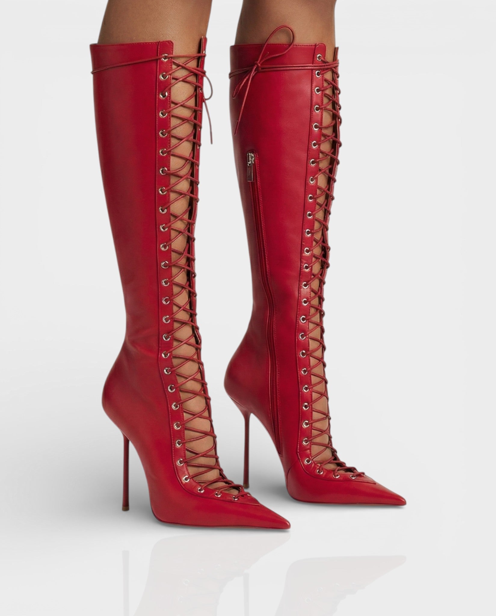ESCAS Lace-Up Faux Leather Knee-High Stiletto Boots