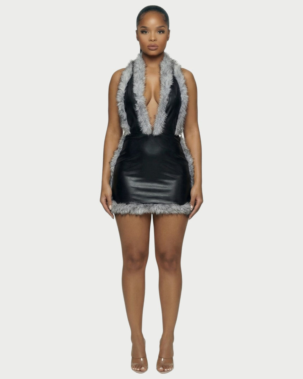 GIVELLE Faux Fur Trim Leather Mini Dress