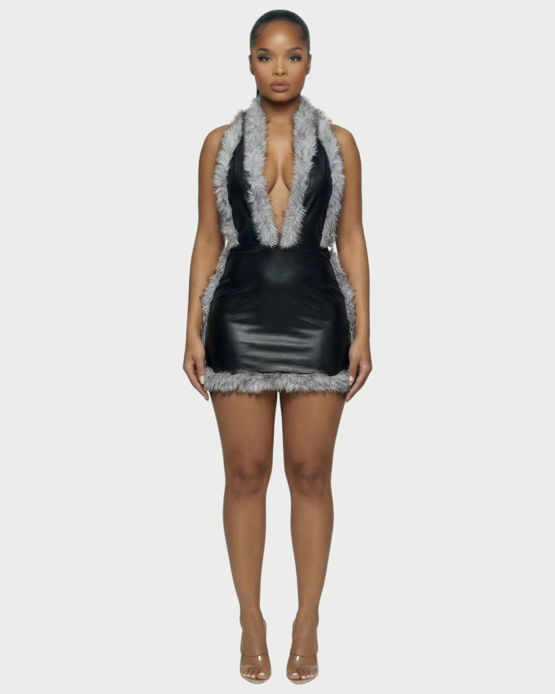 GIVELLE Faux Fur Trim Leather Mini Dress