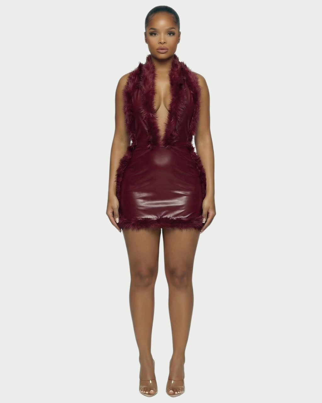 GIVELLE Faux Fur Trim Leather Mini Dress