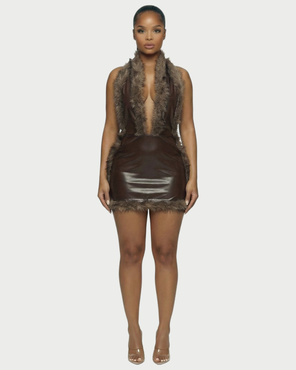 GIVELLE Faux Fur Trim Leather Mini Dress