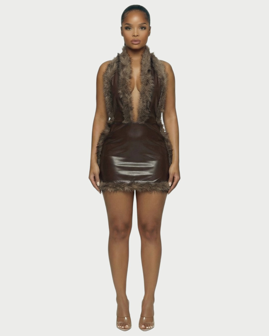 GIVELLE Faux Fur Trim Leather Mini Dress