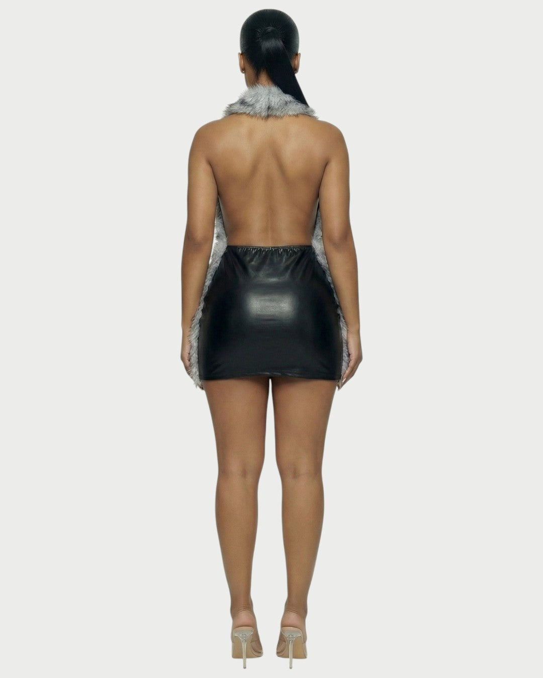 GIVELLE Faux Fur Trim Leather Mini Dress