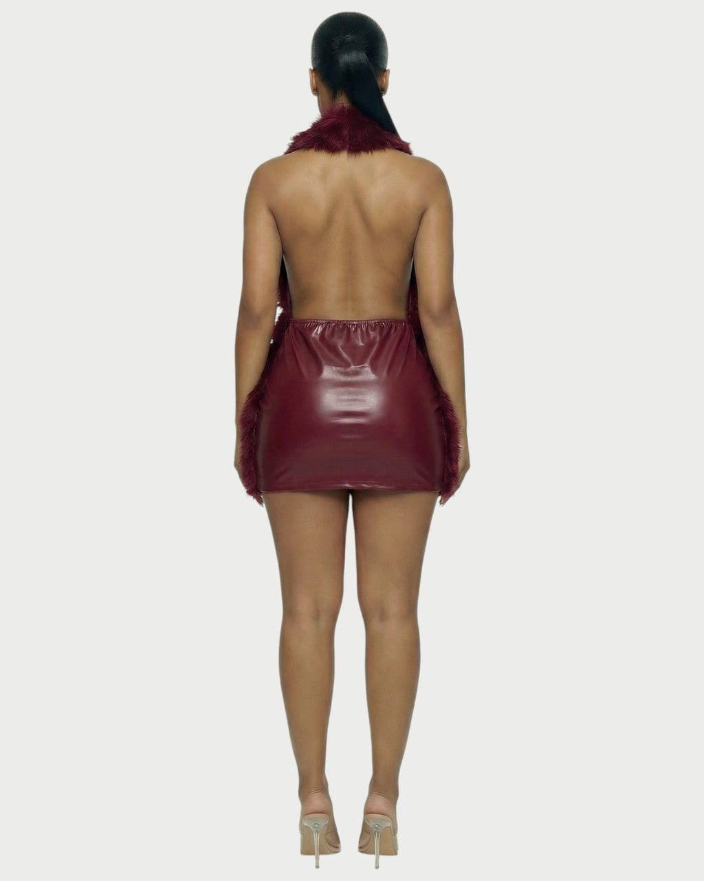 GIVELLE Faux Fur Trim Leather Mini Dress