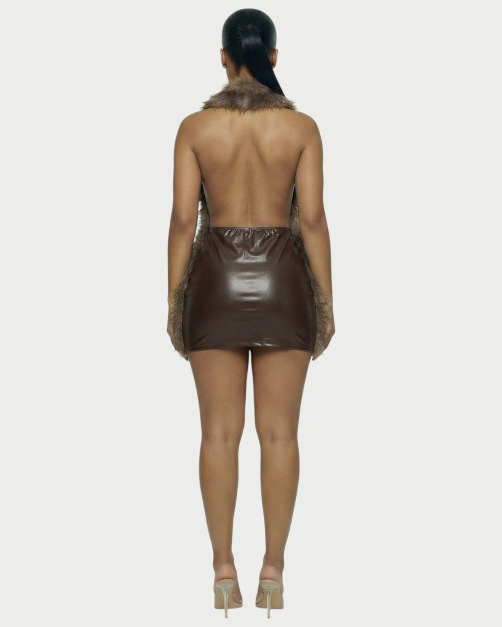 GIVELLE Faux Fur Trim Leather Mini Dress