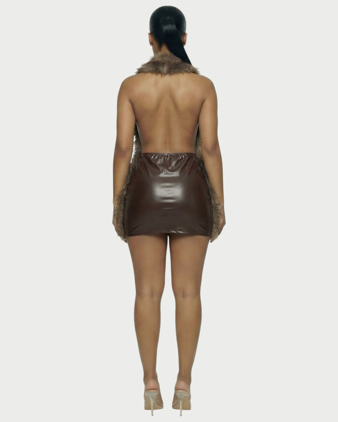 GIVELLE Faux Fur Trim Leather Mini Dress