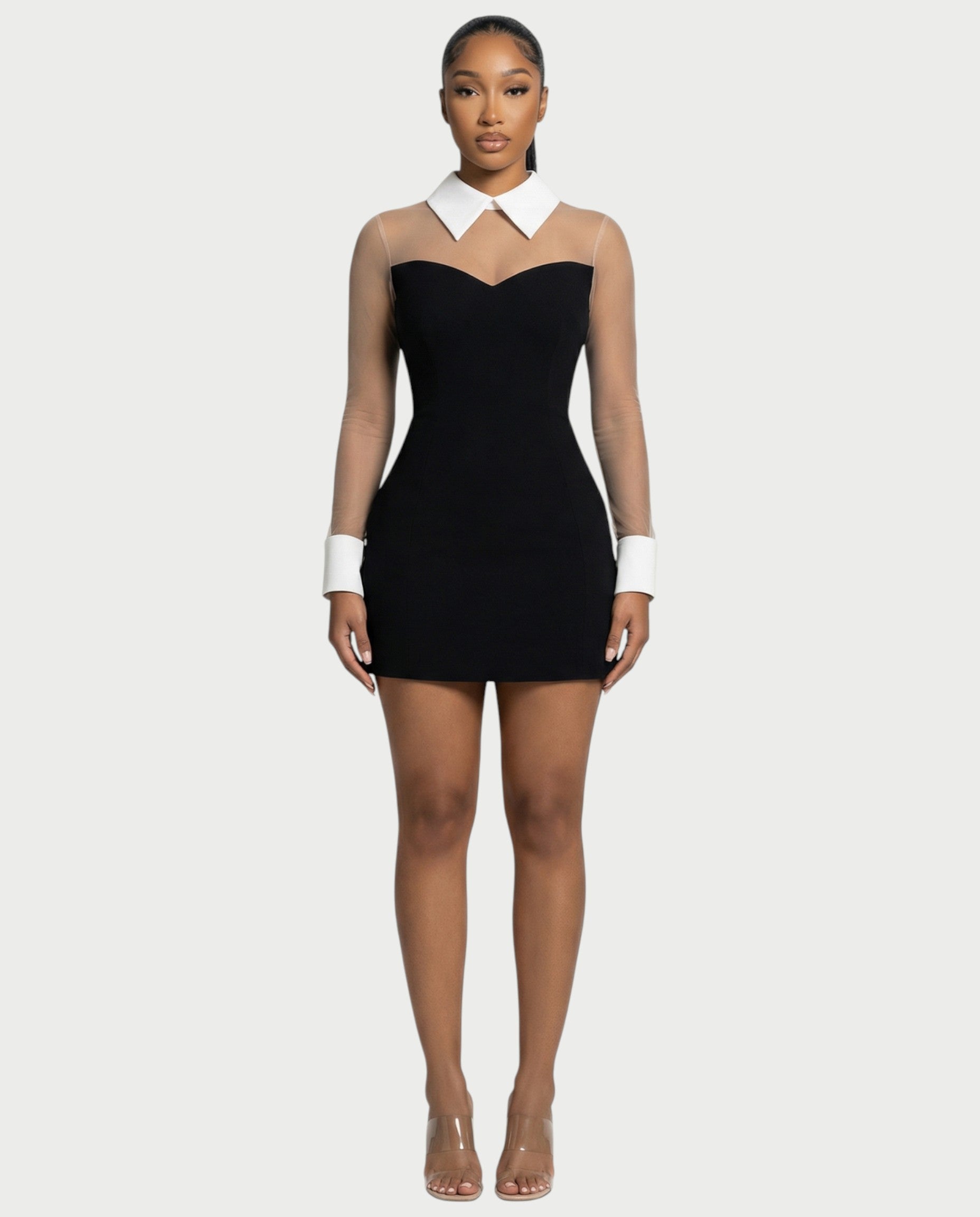 ALIRA Contrast Mesh-Collar Mini Dress