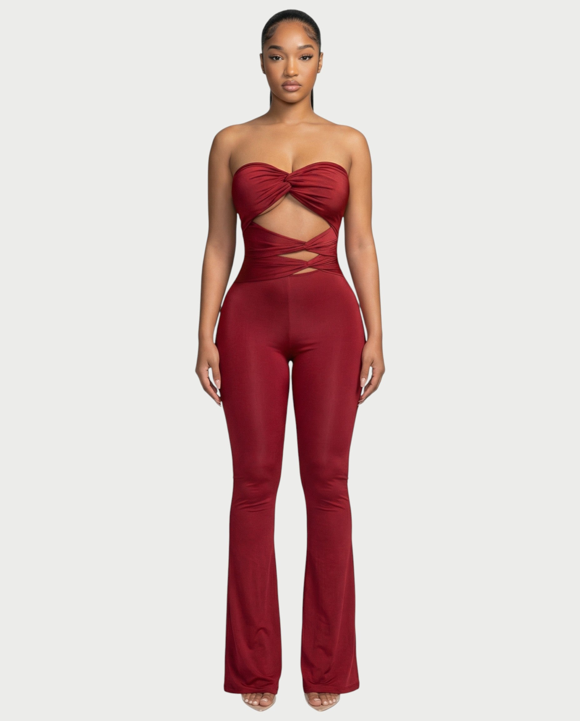 ZANIYA Strapless Twist-Front Flare Jumpsuit