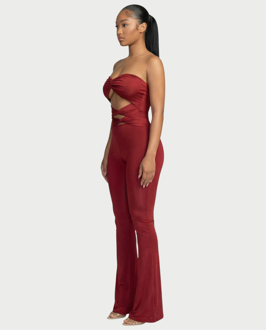 ZANIYA Strapless Twist-Front Flare Jumpsuit