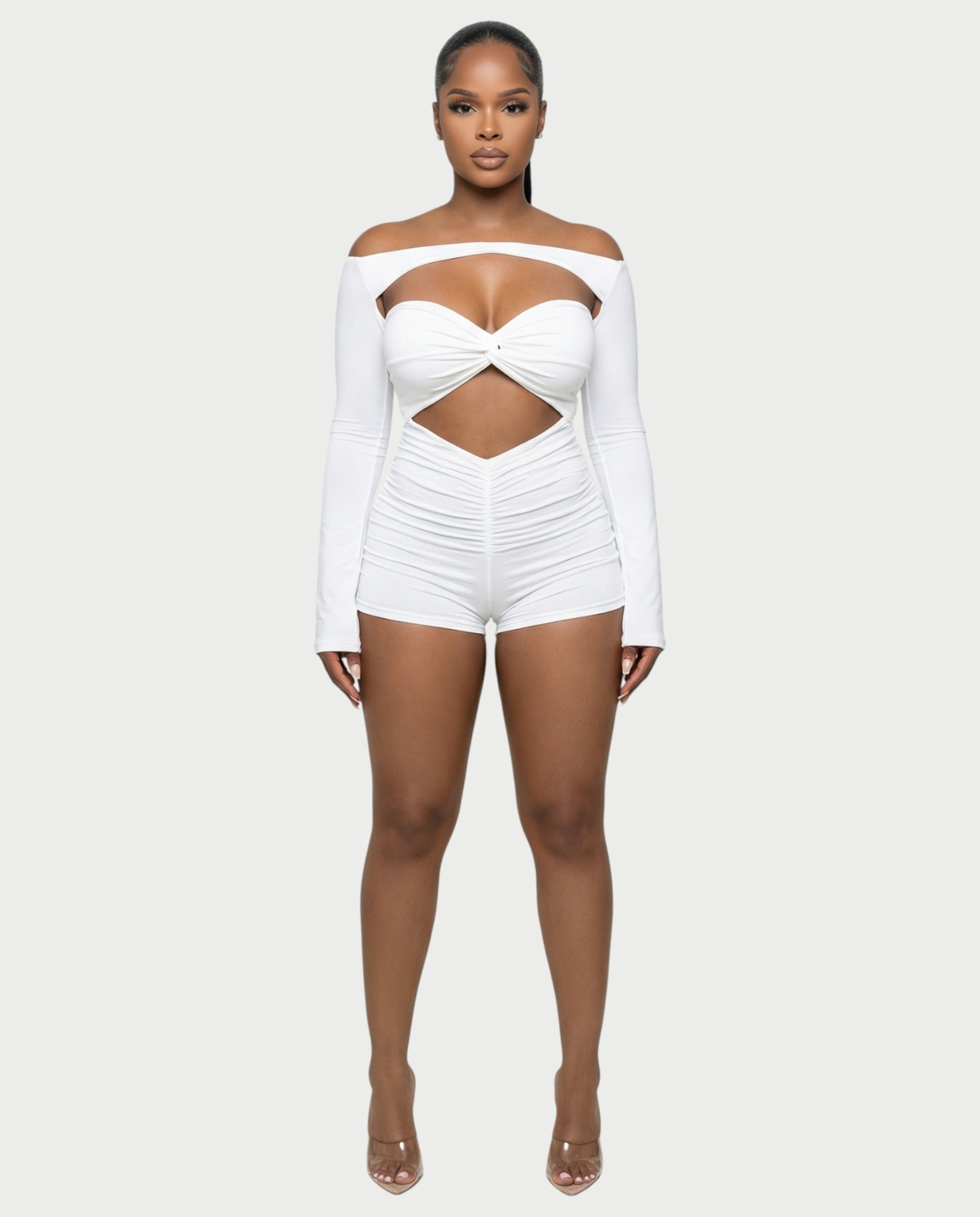 ESMERIA Off-Shoulder Cutout Ruched Romper