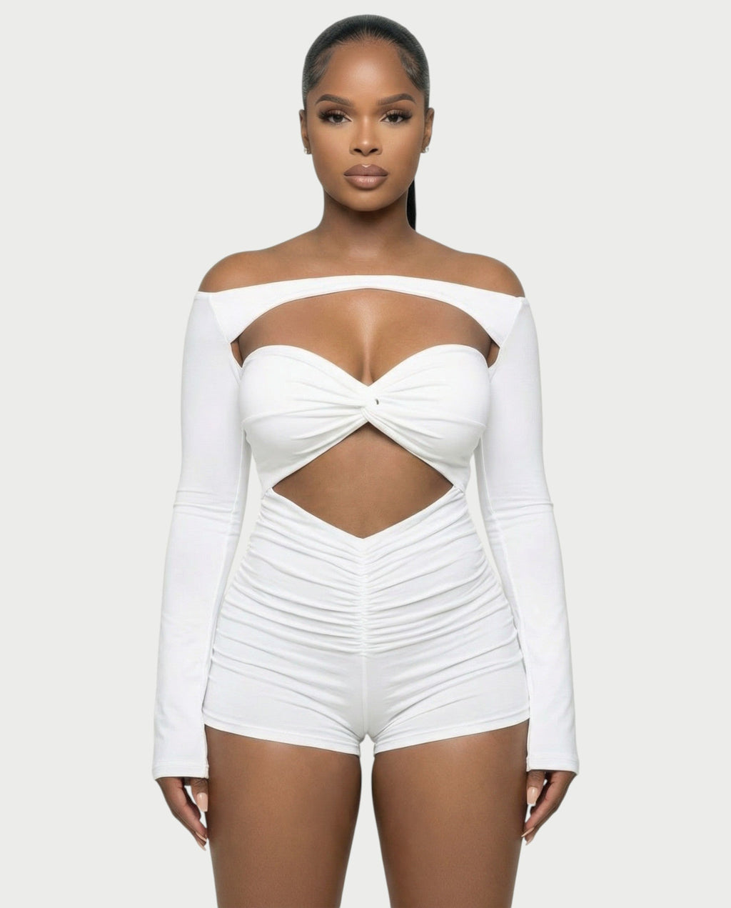 ESMERIA Off-Shoulder Cutout Ruched Romper