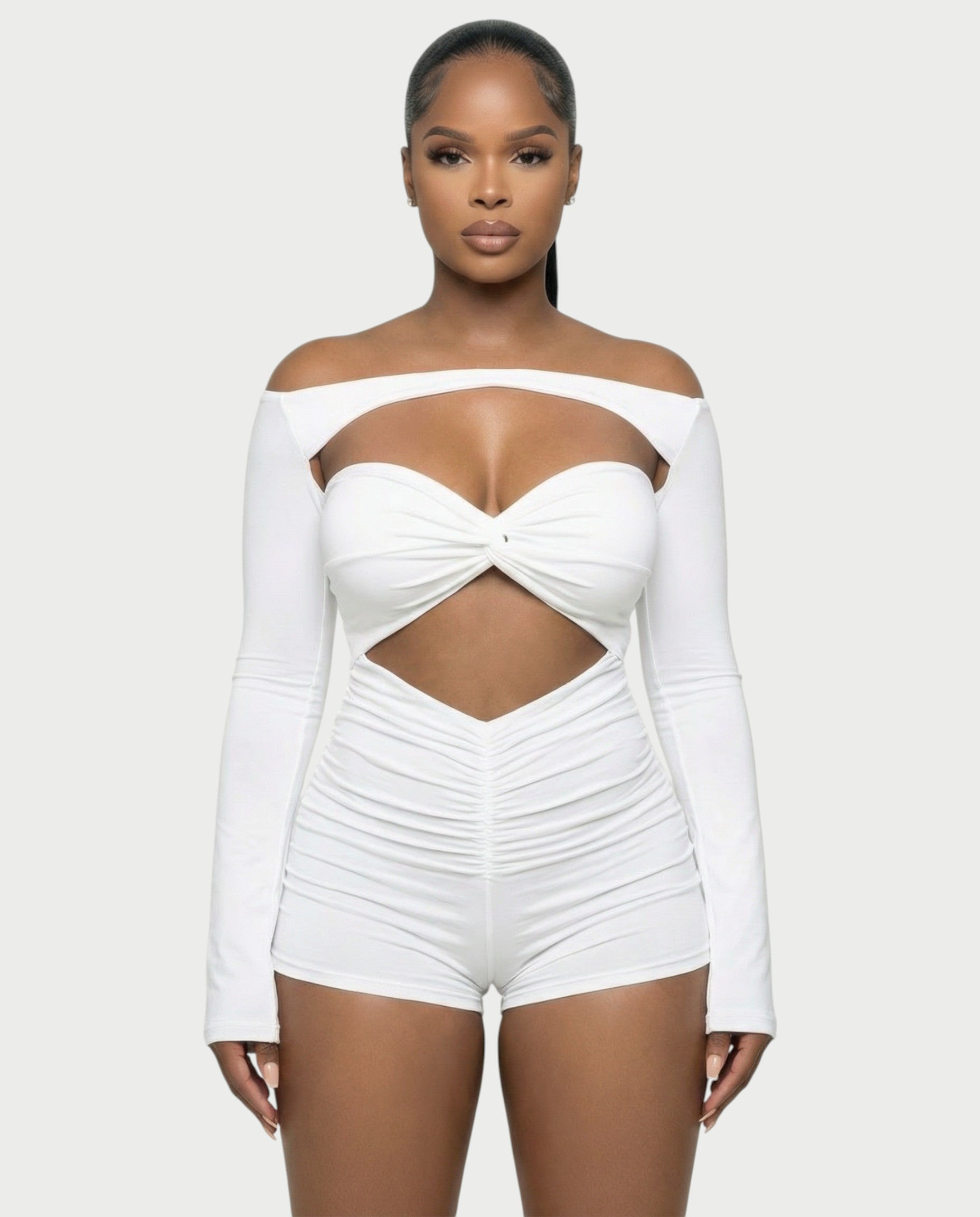 ESMERIA Off-Shoulder Cutout Ruched Romper