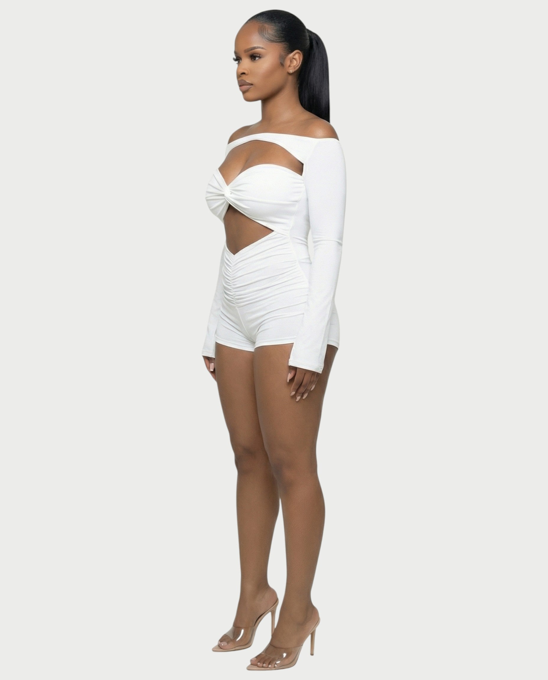 ESMERIA Off-Shoulder Cutout Ruched Romper