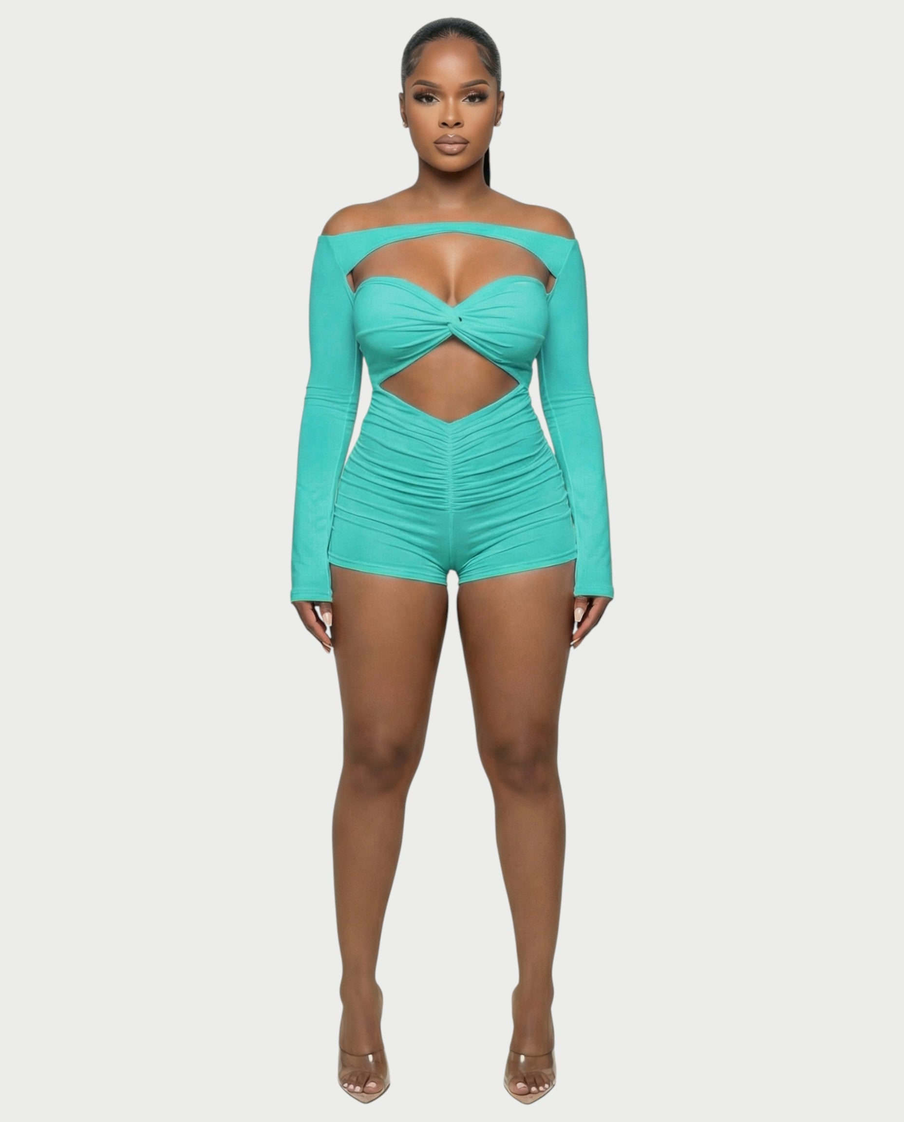 ESMERIA Off-Shoulder Cutout Ruched Romper