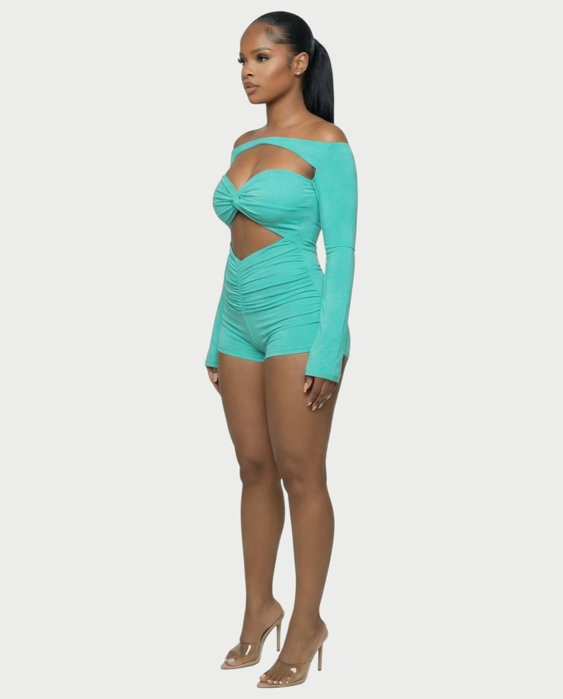 ESMERIA Off-Shoulder Cutout Ruched Romper