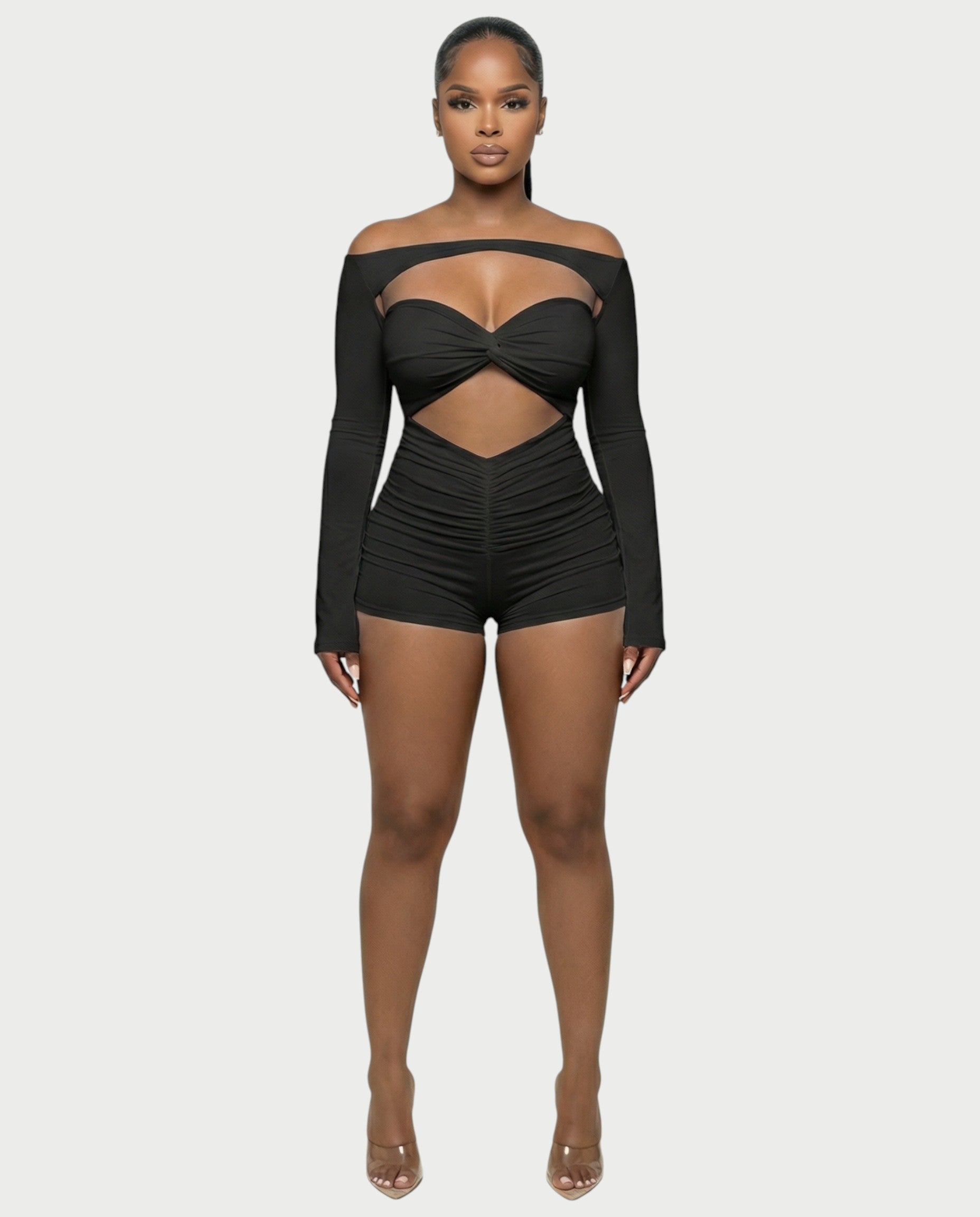 ESMERIA Off-Shoulder Cutout Ruched Romper
