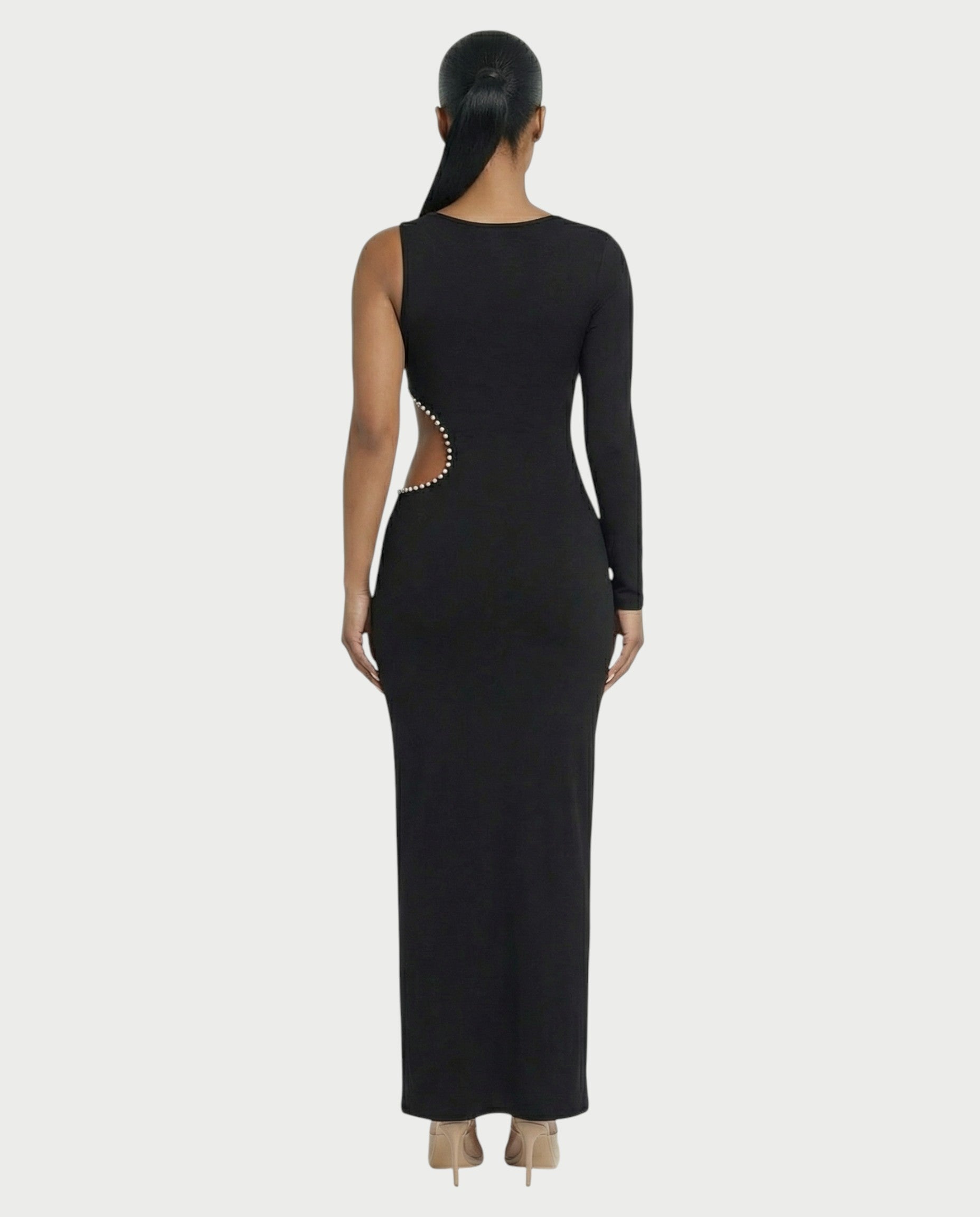 BELLIA One Sleeve Pearl Cut-Out Maxi Dress