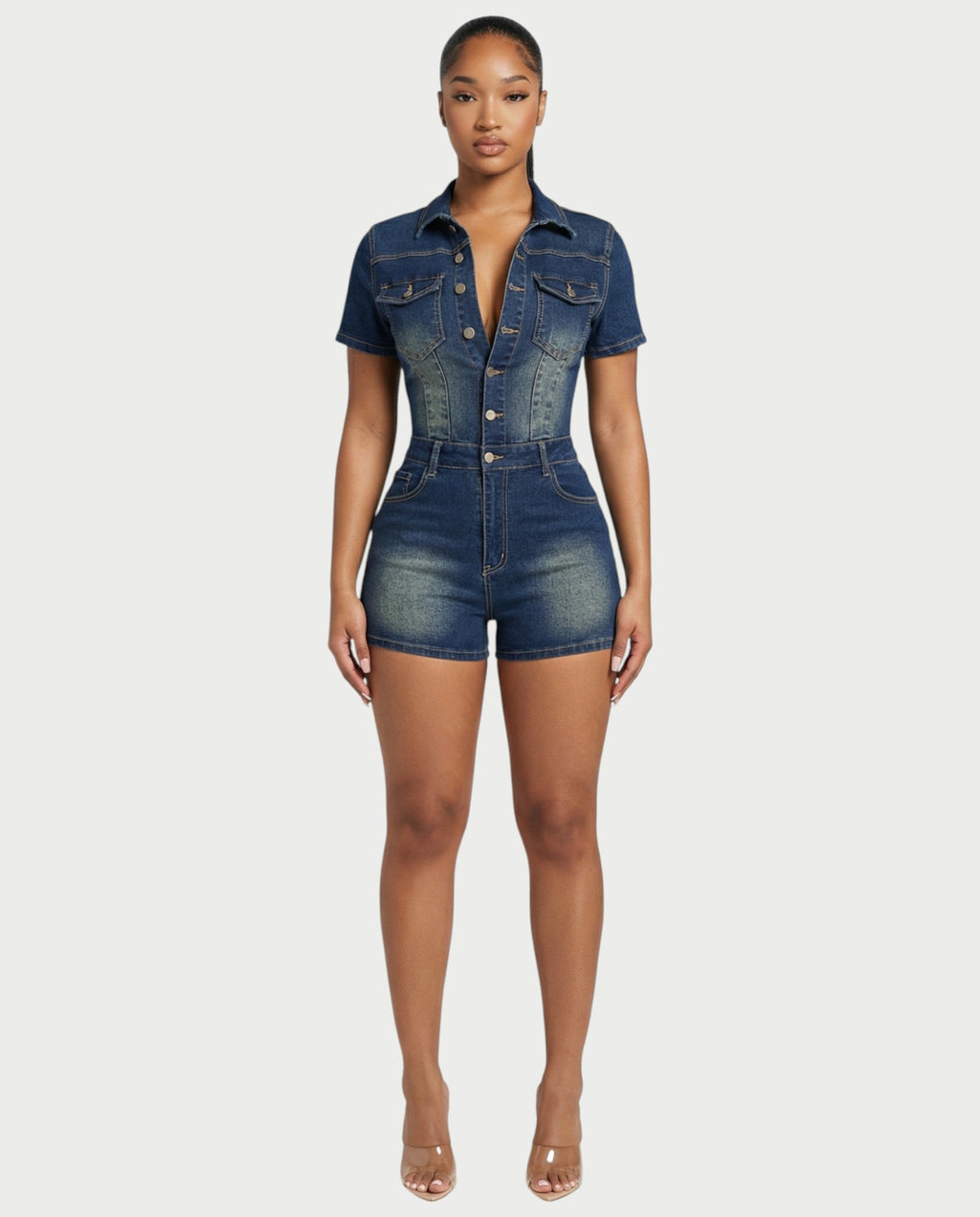 FRANCE Collared Button-Up Denim Jumpsuit