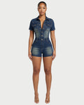 FRANCE Collared Button-Up Denim Jumpsuit
