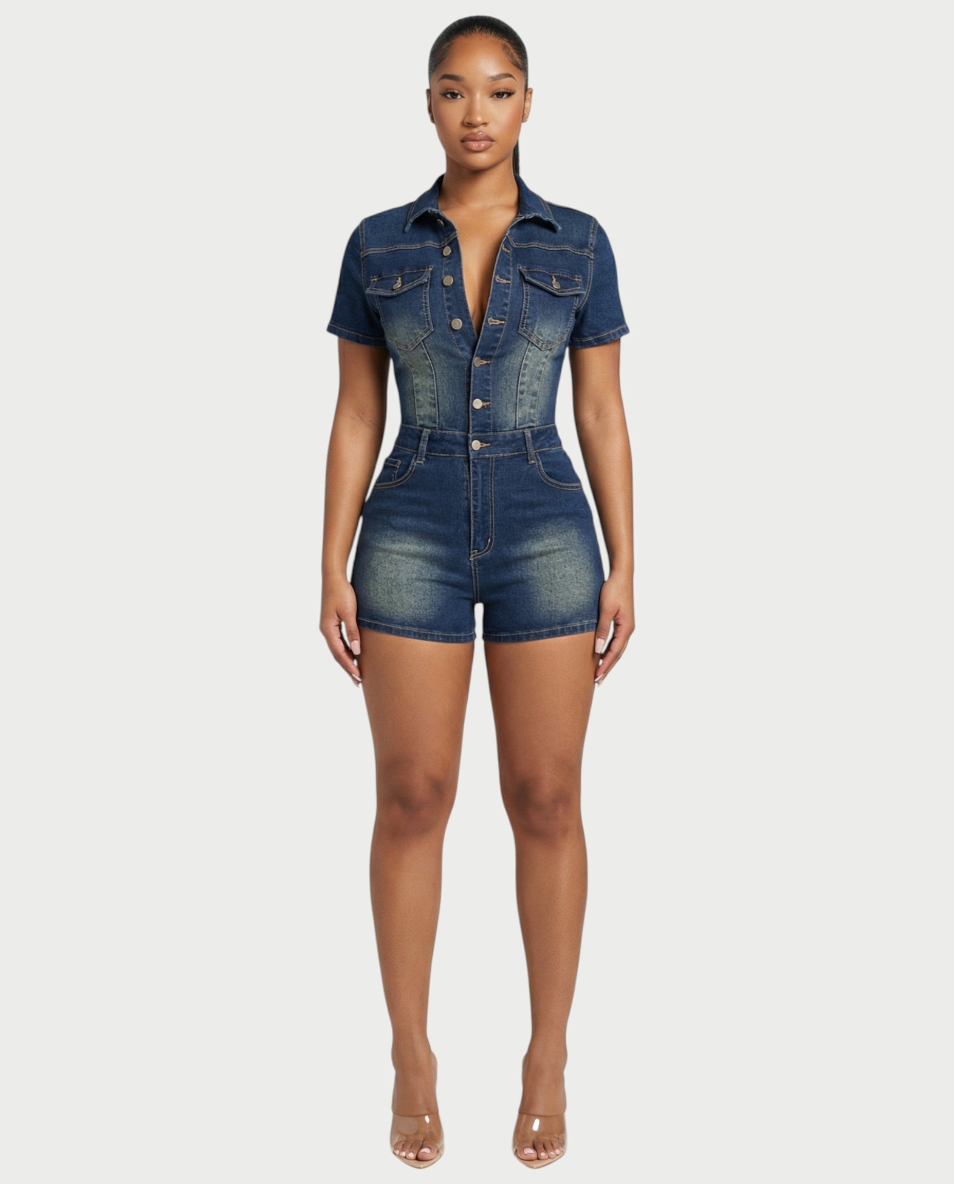 FRANCE Collared Button-Up Denim Jumpsuit