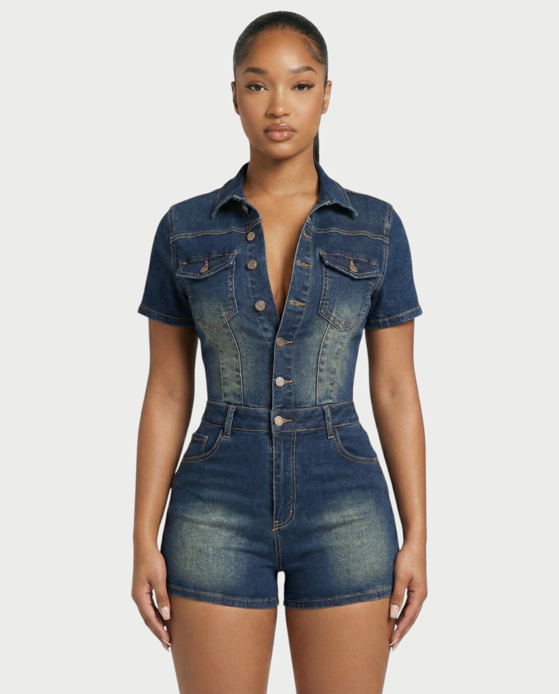 FRANCE Collared Button-Up Denim Jumpsuit