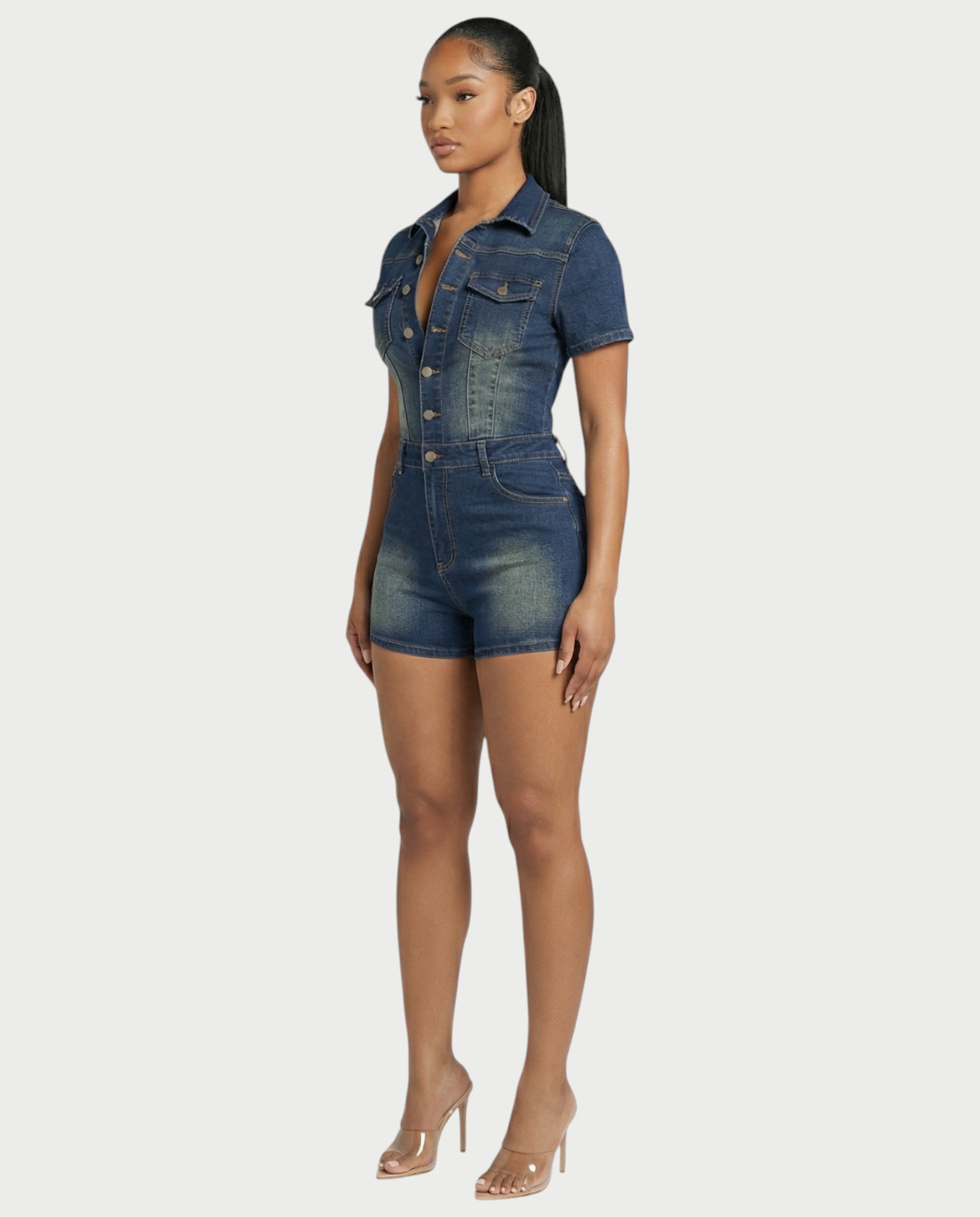 FRANCE Collared Button-Up Denim Jumpsuit