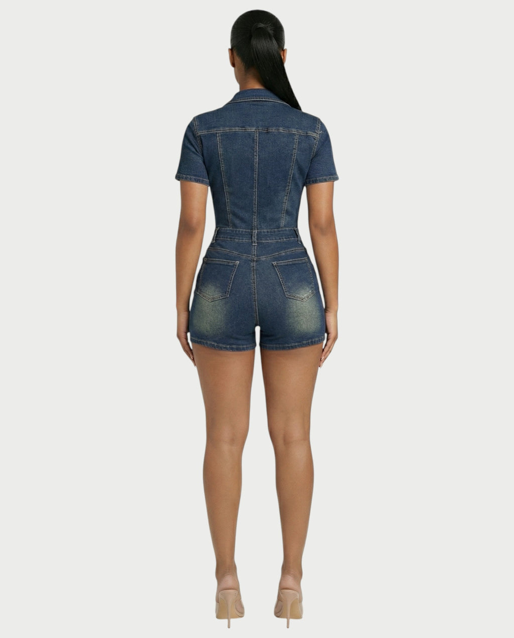 FRANCE Collared Button-Up Denim Jumpsuit