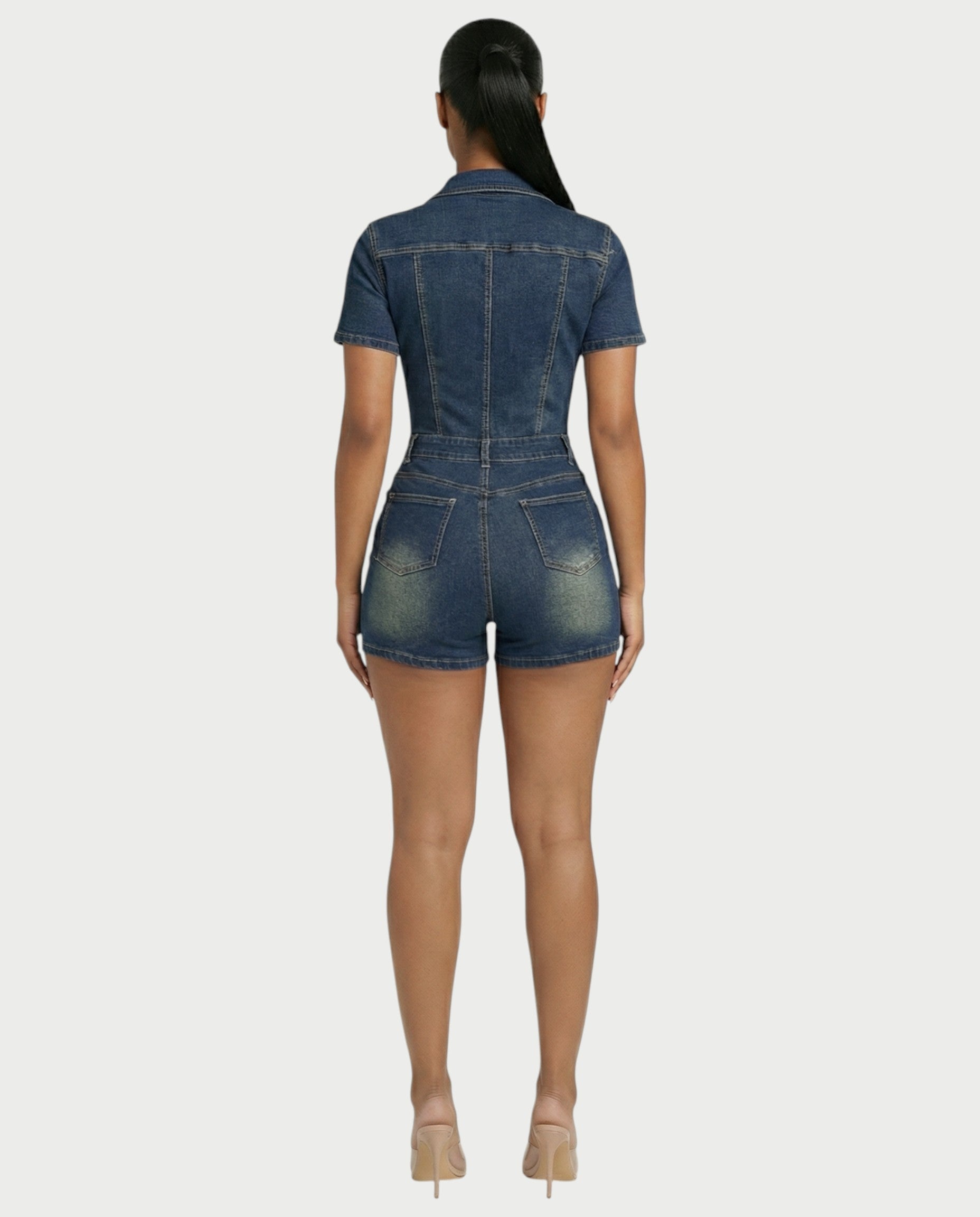 FRANCE Collared Button-Up Denim Jumpsuit
