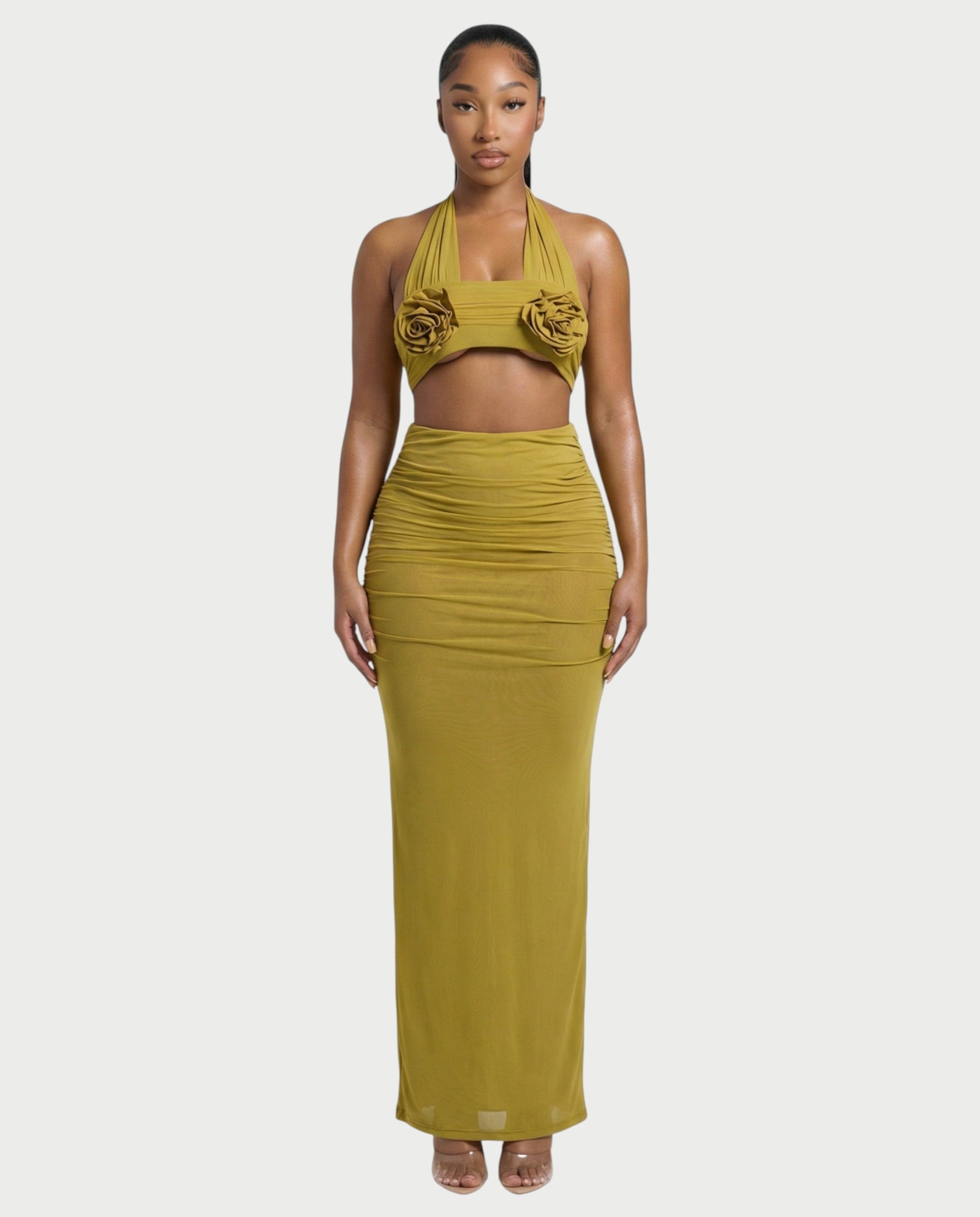 XAYANA Rose Detail High-waisted Maxi Dress