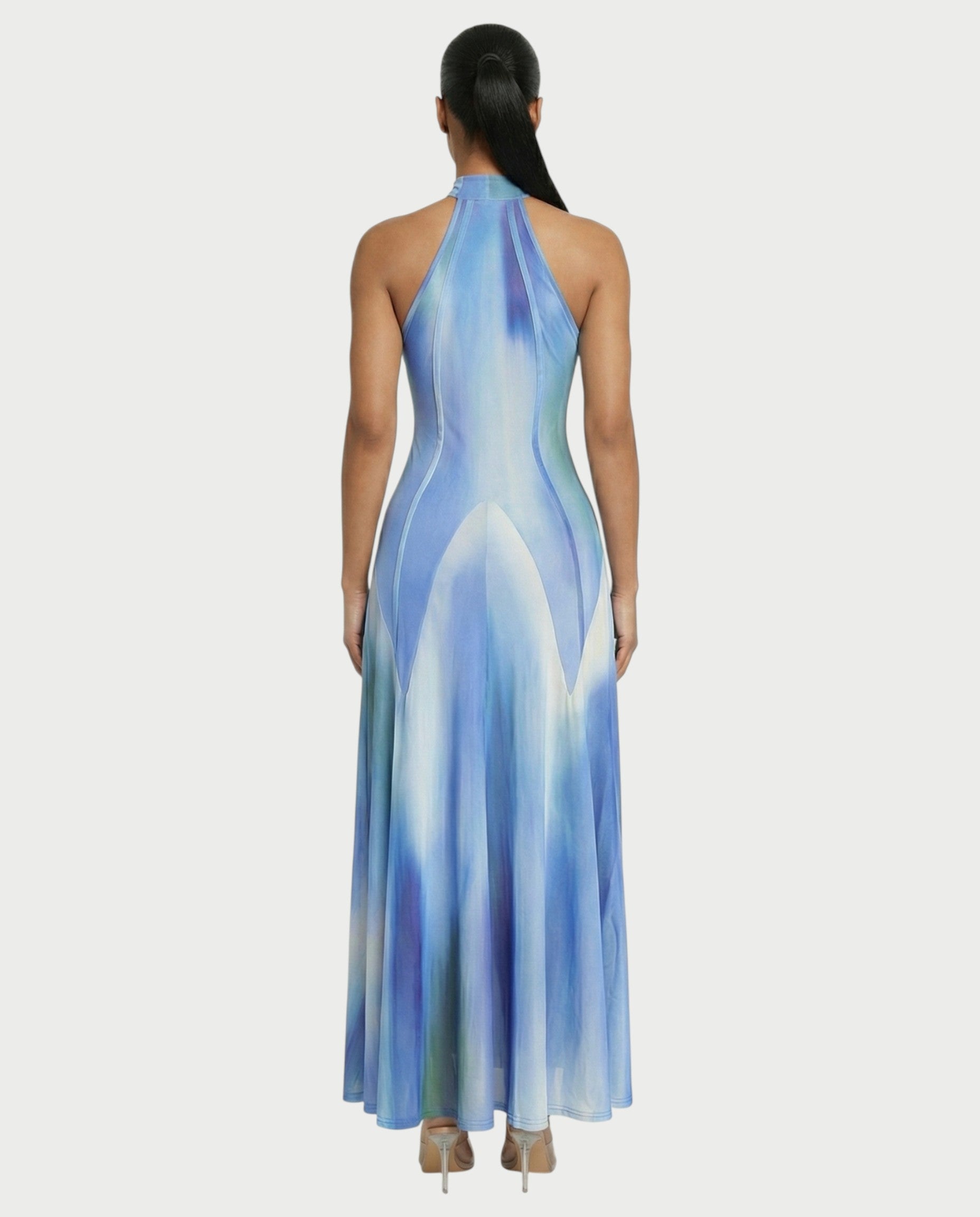 REBECCA High Neck Watercolor Maxi Dress