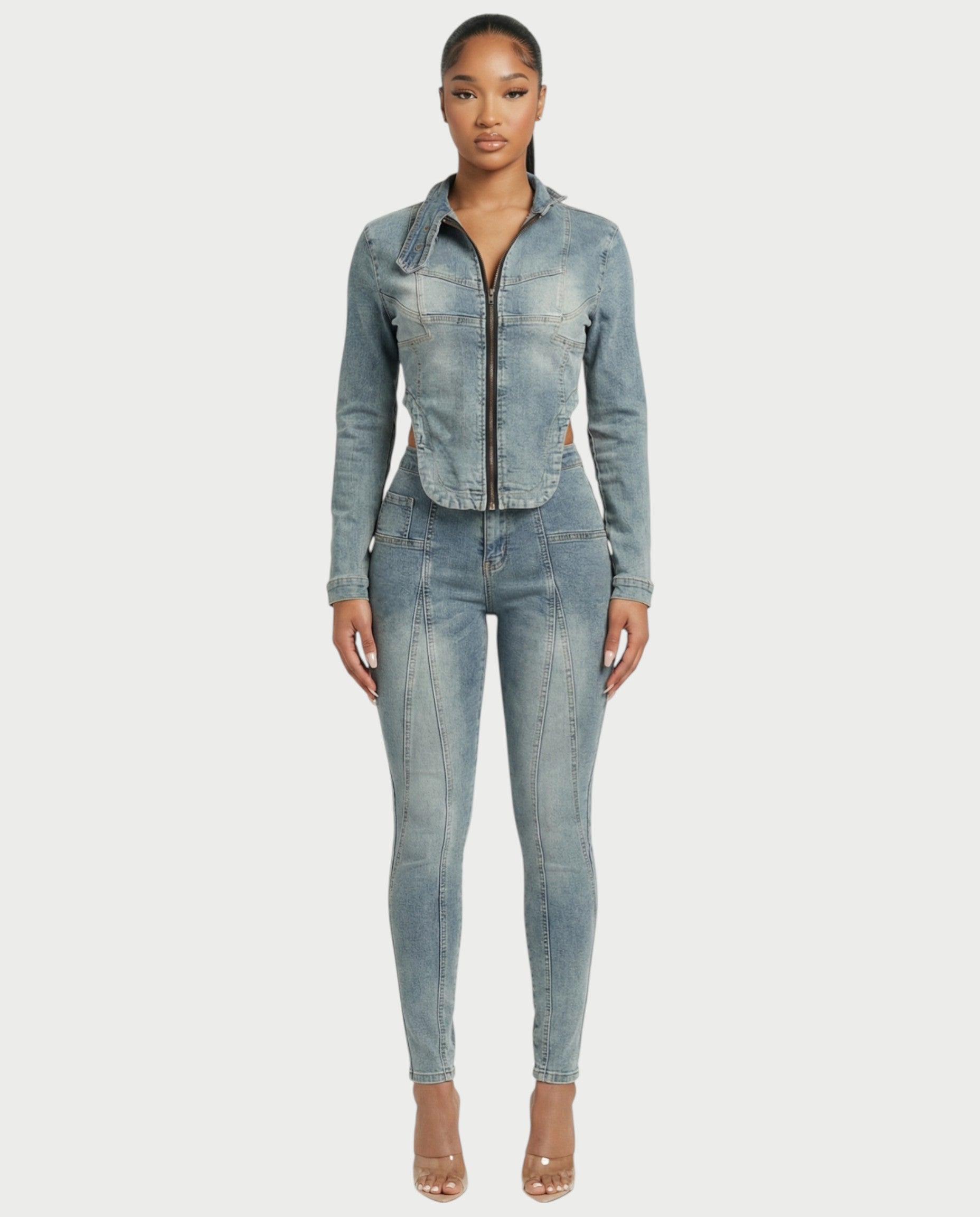 HARISHA Denim Zip-Up Top & Pants Set