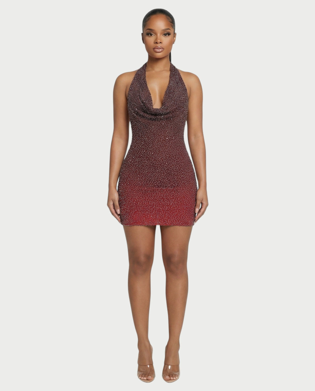 IMOGEN Rhinestone Embellished Cowl Neck Mini Dress