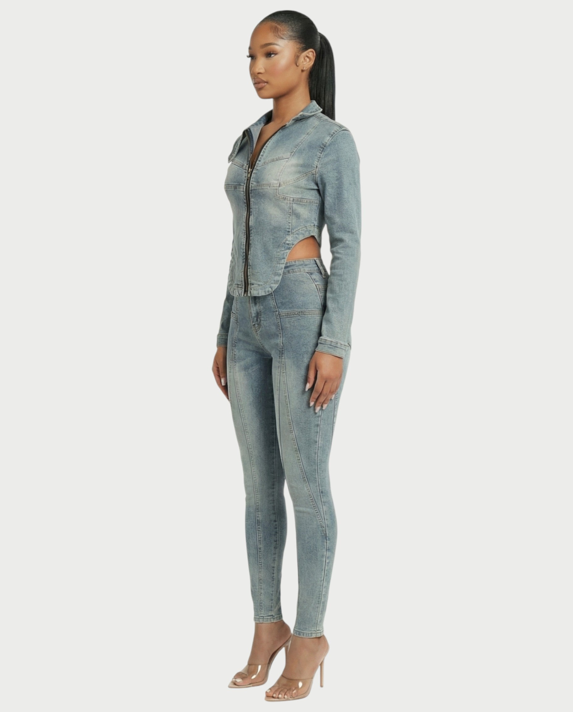 HARISHA Denim Zip-Up Top & Pants Set