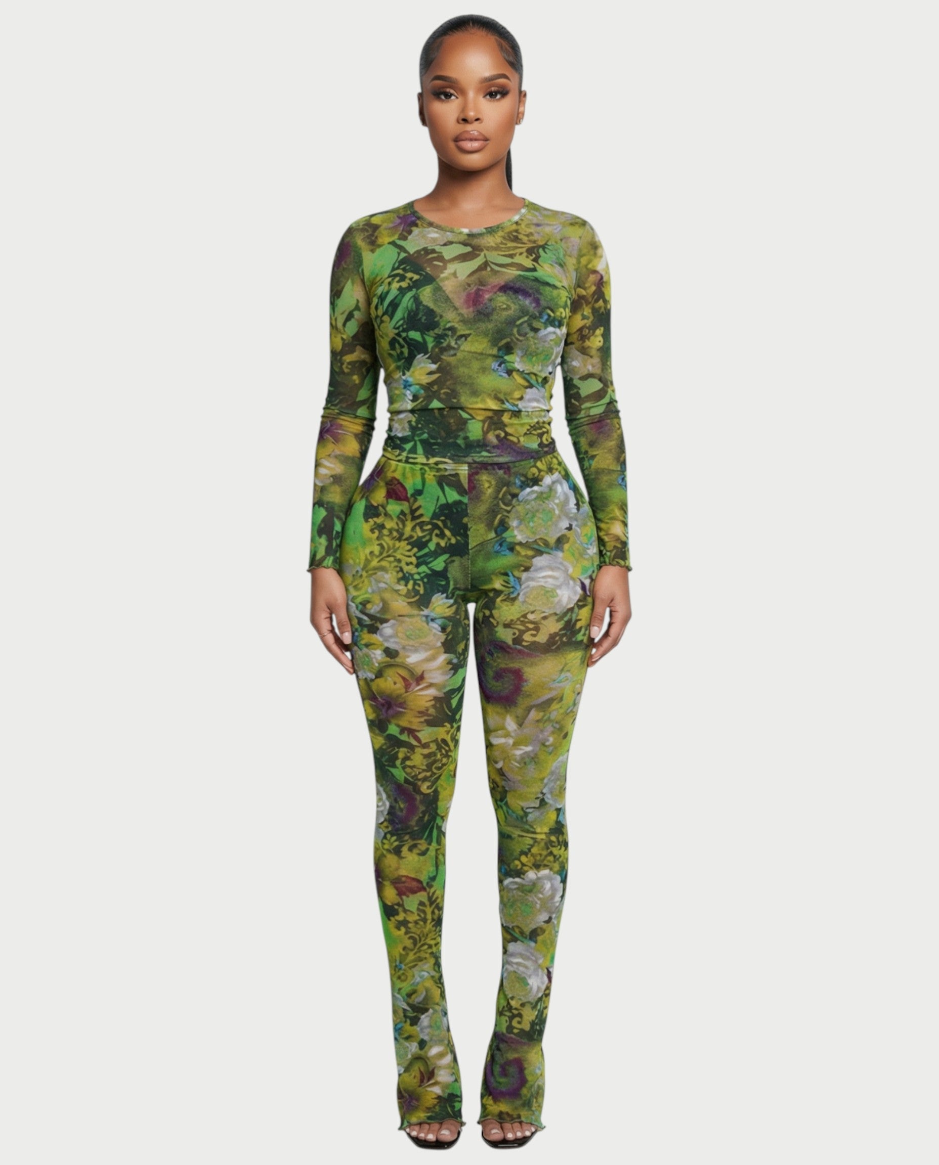 SANNA Floral Mesh Long Sleeve Top & Pants Set