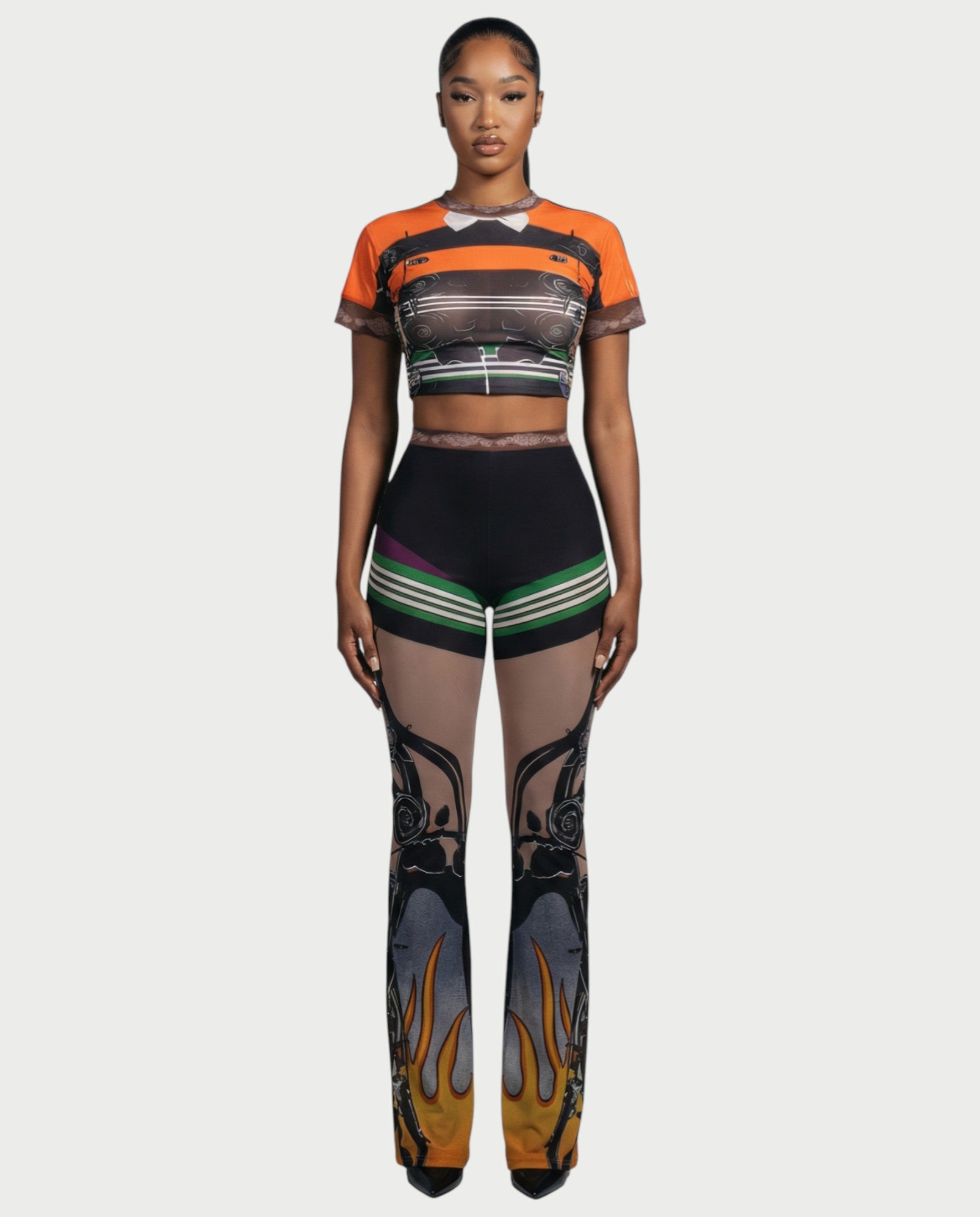 ASHLYN Printed Mesh Crop Top & Pants Set