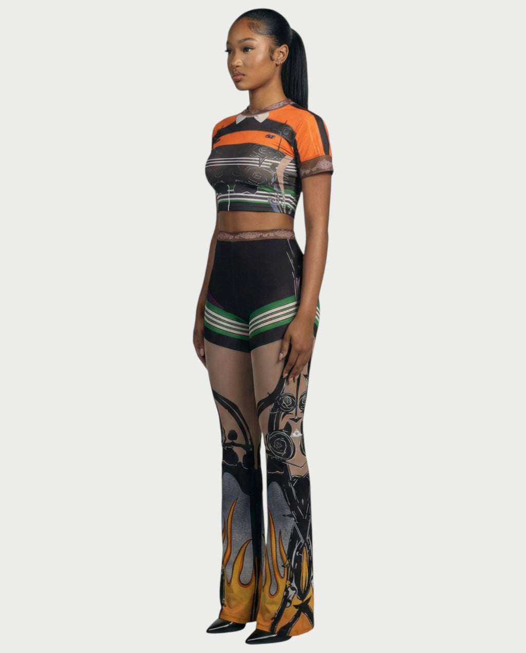 ASHLYN Printed Mesh Crop Top & Pants Set