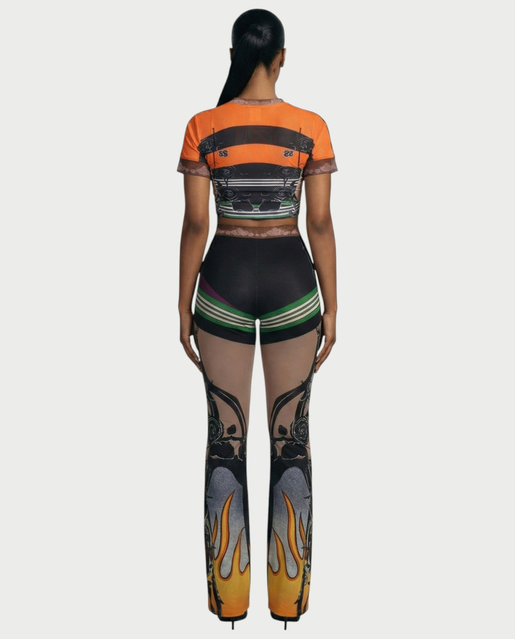 ASHLYN Printed Mesh Crop Top & Pants Set