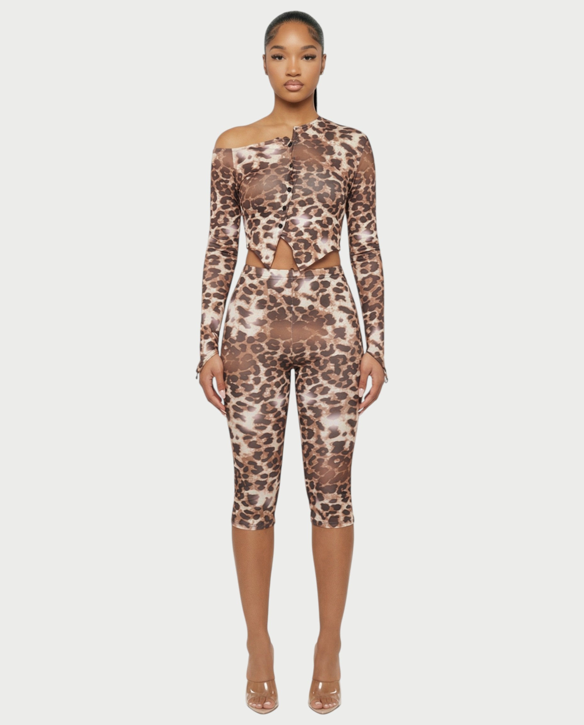 REVNA Leopard Print Asymmetrical Top & Capri Pants Set