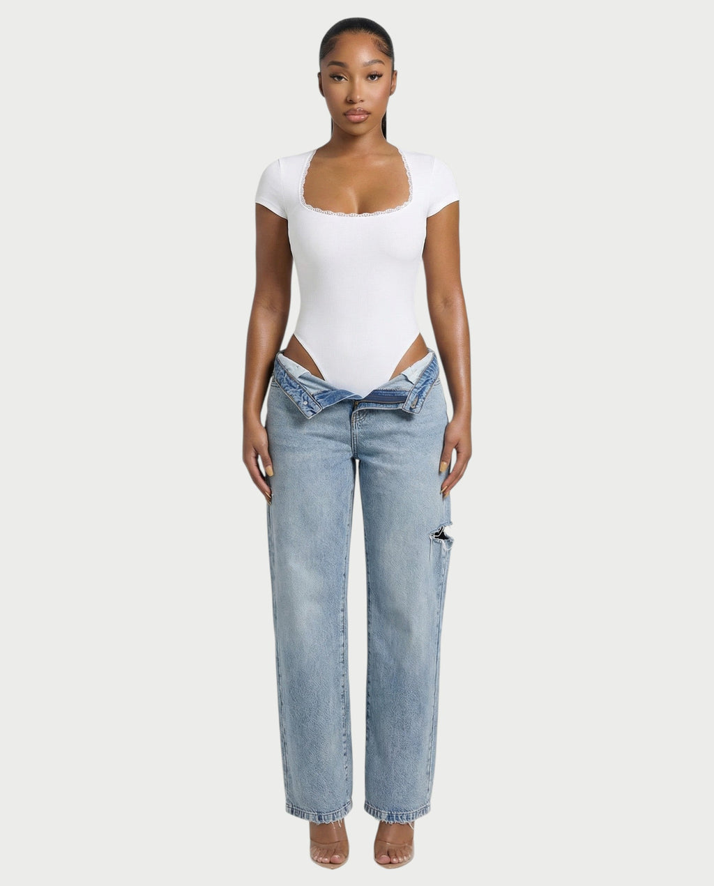 Ribbed Lace-Trim Square Neck Bodysuit