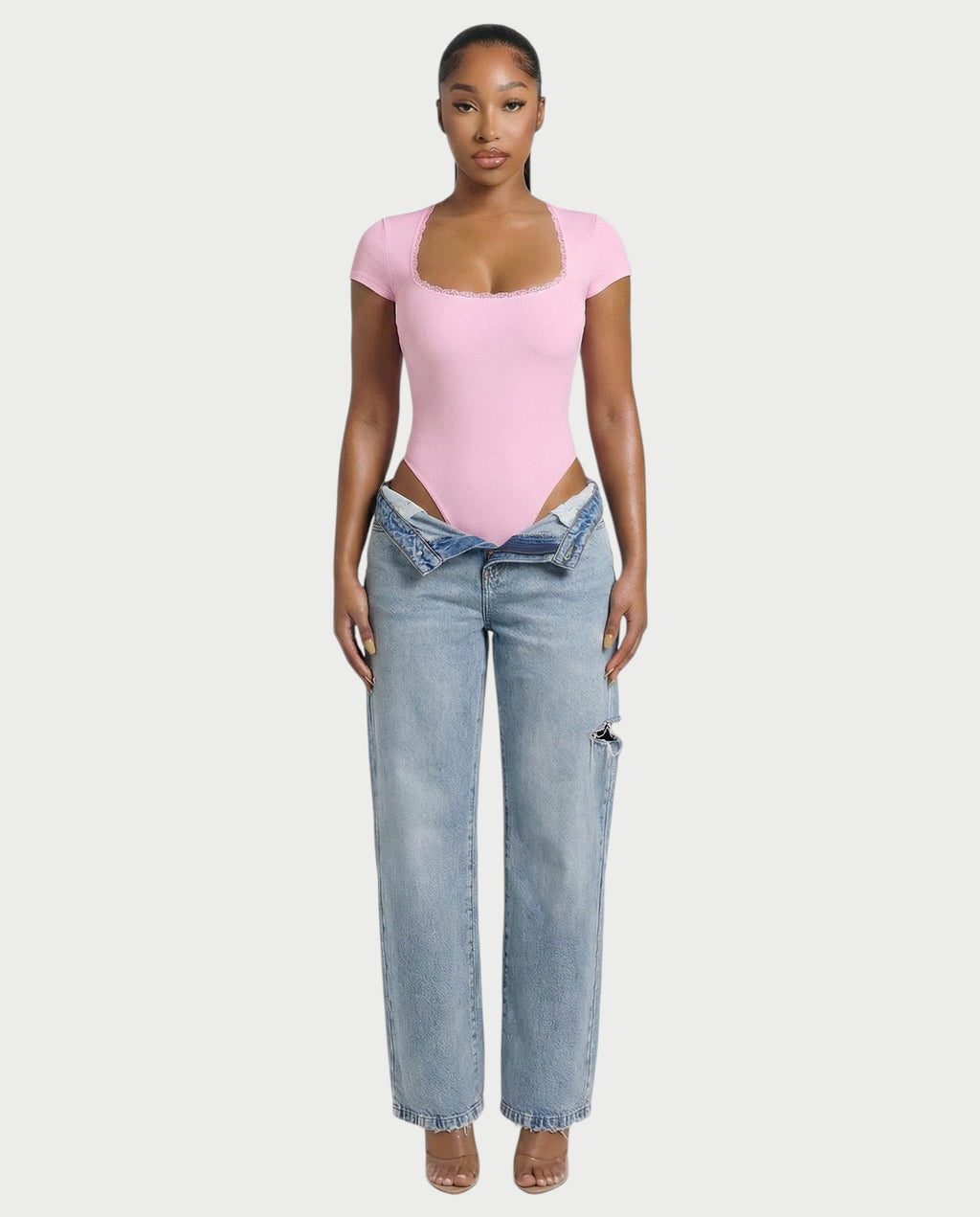 Ribbed Lace-Trim Square Neck Bodysuit