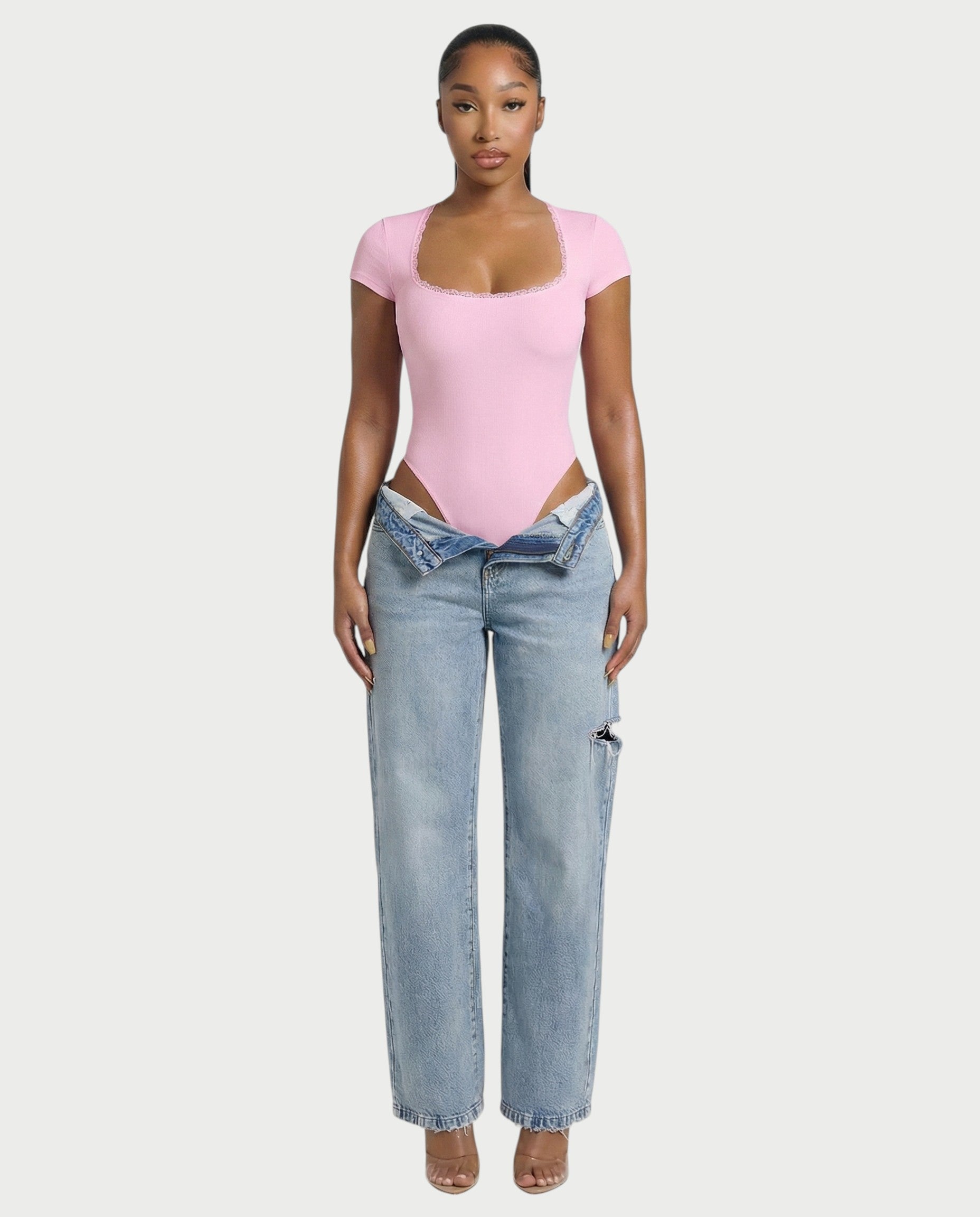 Ribbed Lace-Trim Square Neck Bodysuit