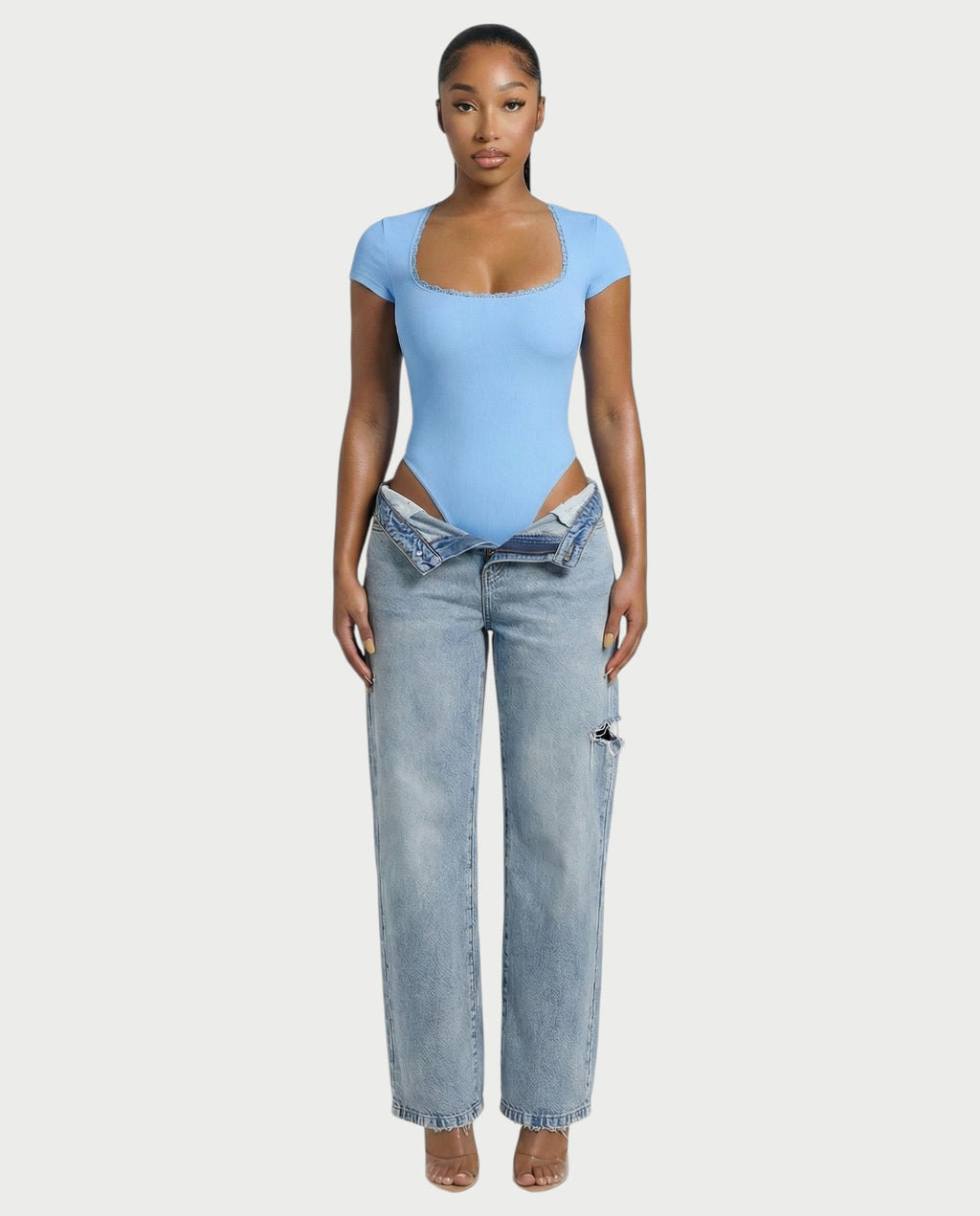 Ribbed Lace-Trim Square Neck Bodysuit