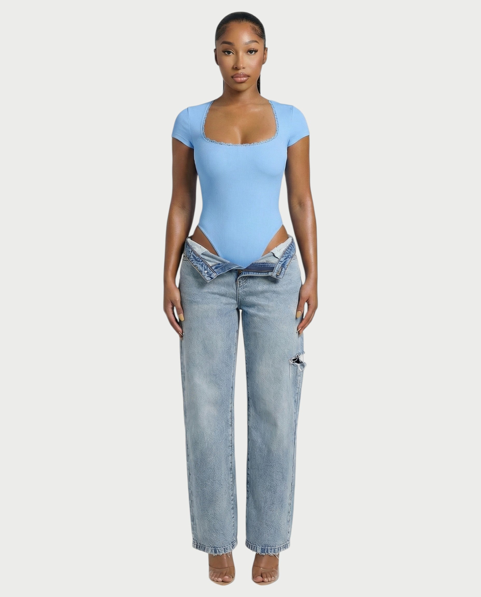 Ribbed Lace-Trim Square Neck Bodysuit