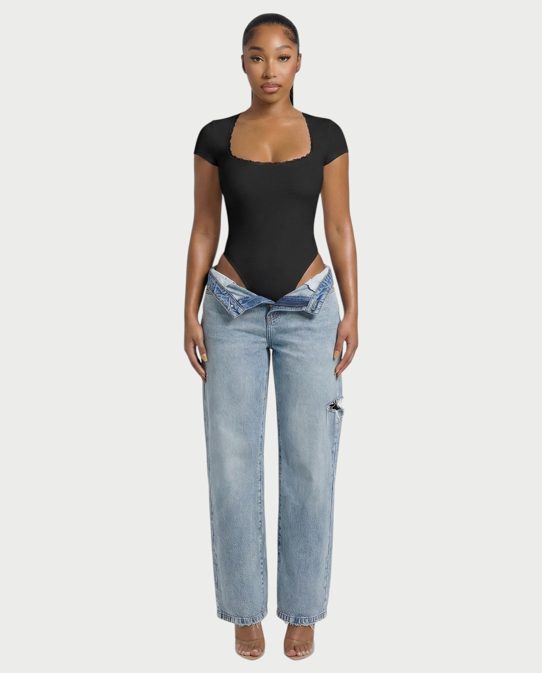 Ribbed Lace-Trim Square Neck Bodysuit